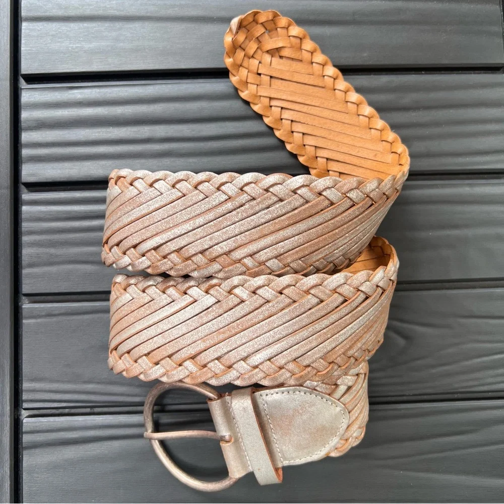 Another Line Leather Braided Belt XL Sz Tan Silver Adjustable Rustic Boho 43”